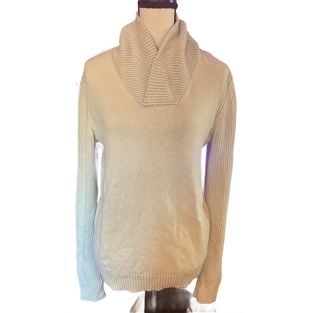 American Rag Size L Knit Sweater Beige Ribbed Cowl Neck Long Sleeve Pullover